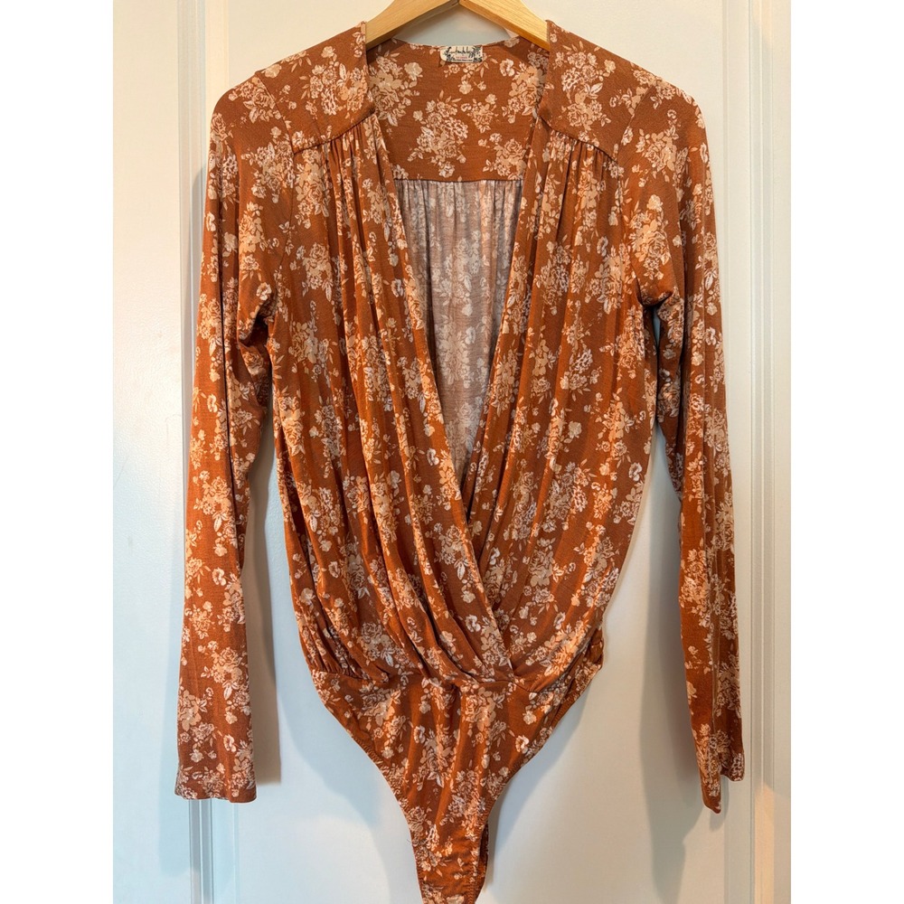 Intimately Free People Floral Wrap Bodysuit Rust Orange Long Sleeve Medium
